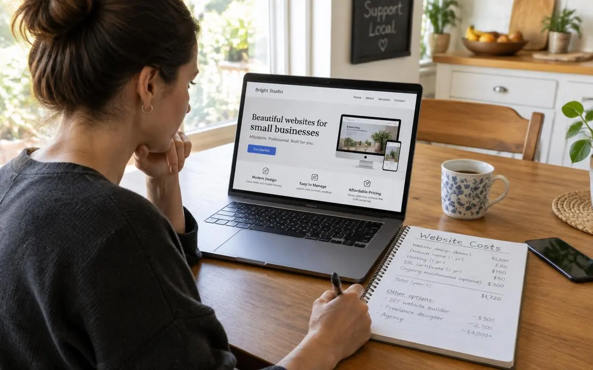 Small business owner comparing affordable website design costs on a laptop and notepad