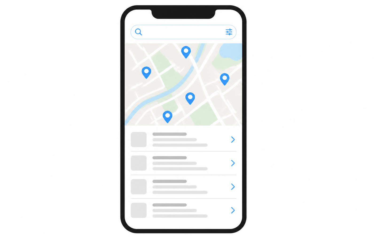 Mobile search results showing a map of local businesses above a list of listings