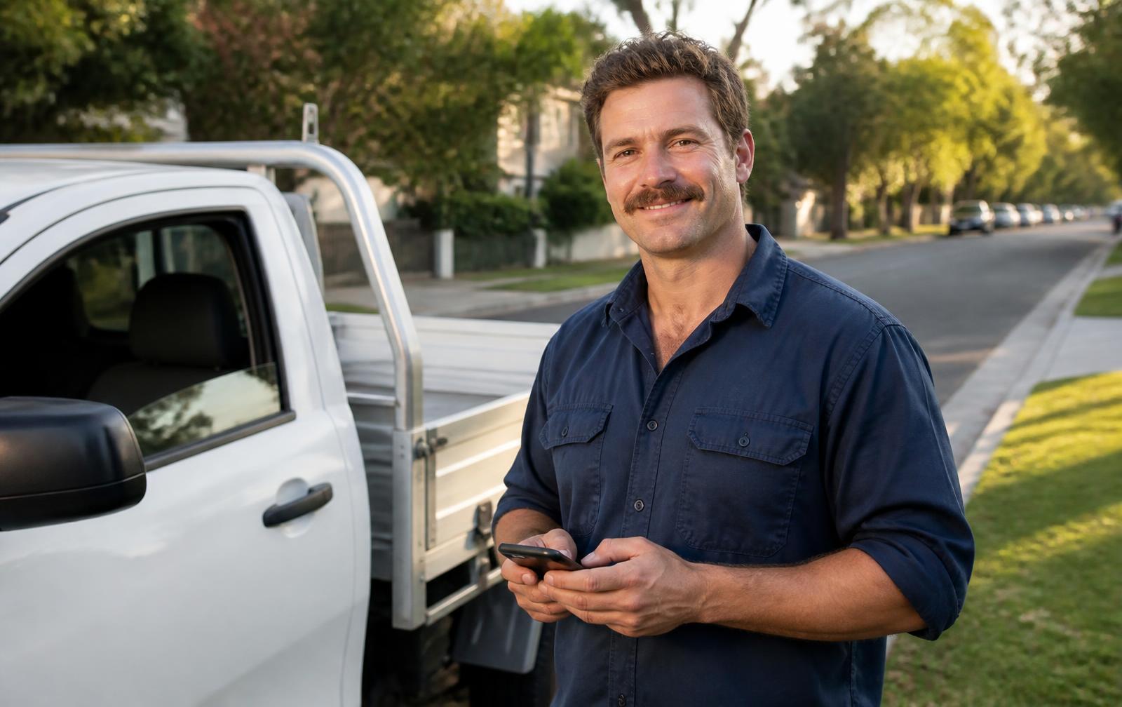Australian tradesperson checking enquiries on a phone beside a work ute