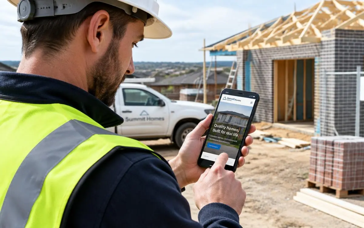 Builder in hi-vis reviewing a building company website on a phone at a house construction site