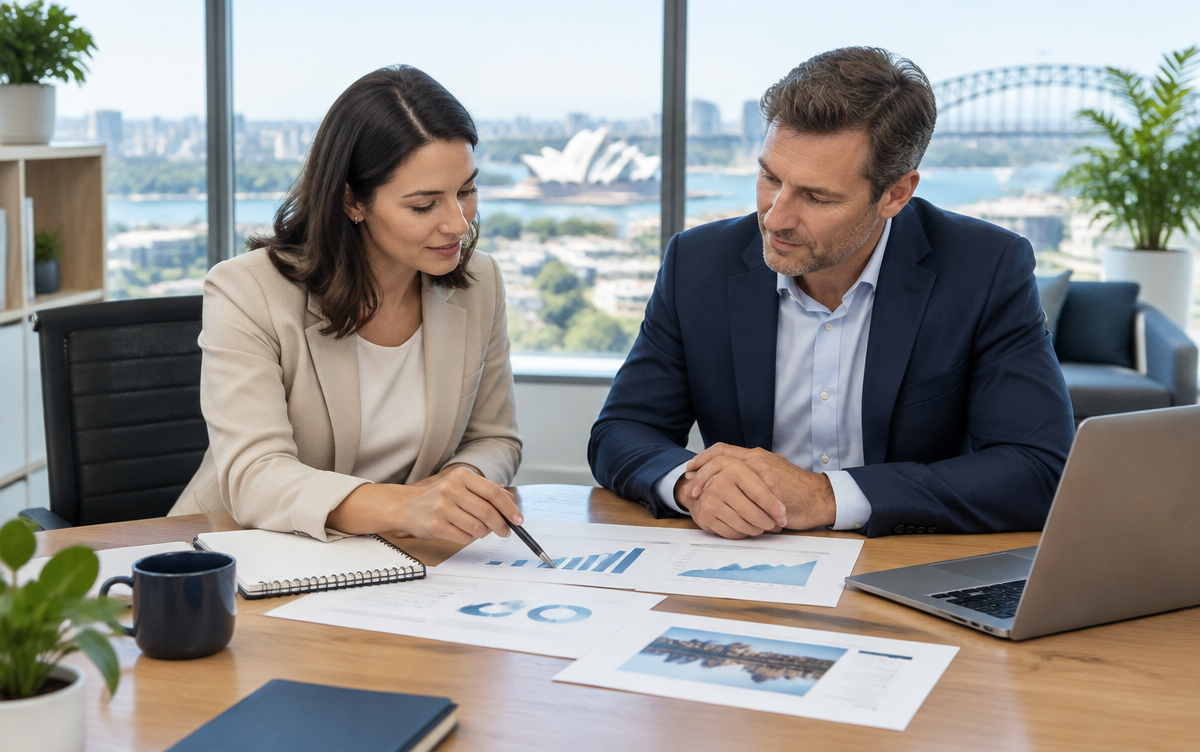 Business advisor reviewing growth charts with a business owner in a modern Australian office