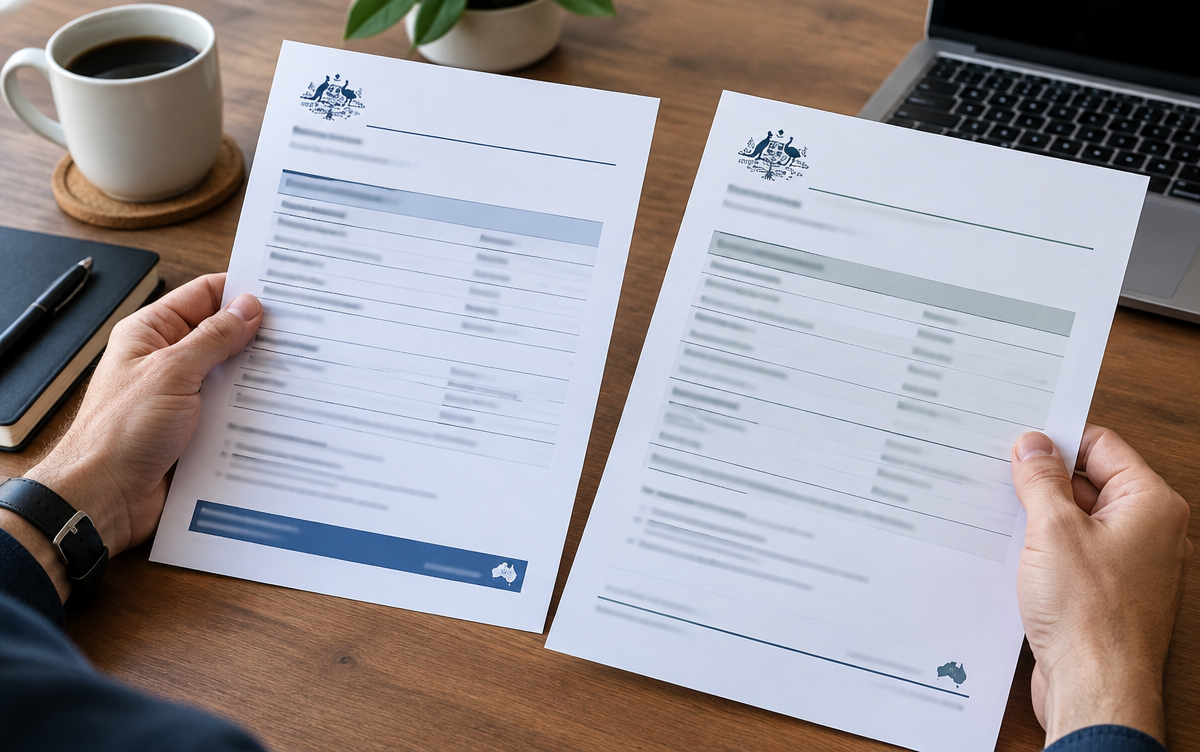 Person comparing two Australian business registration documents at a desk