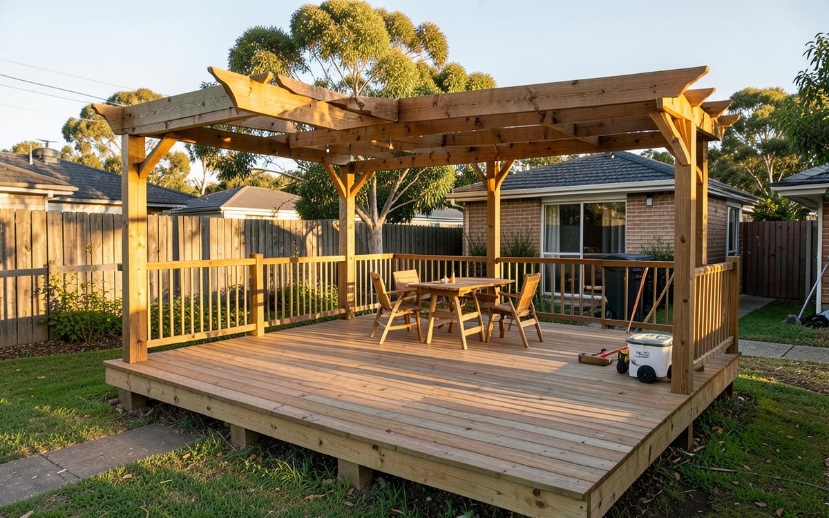 Completed timber deck and pergola built by an Australian carpenter in a suburban backyard