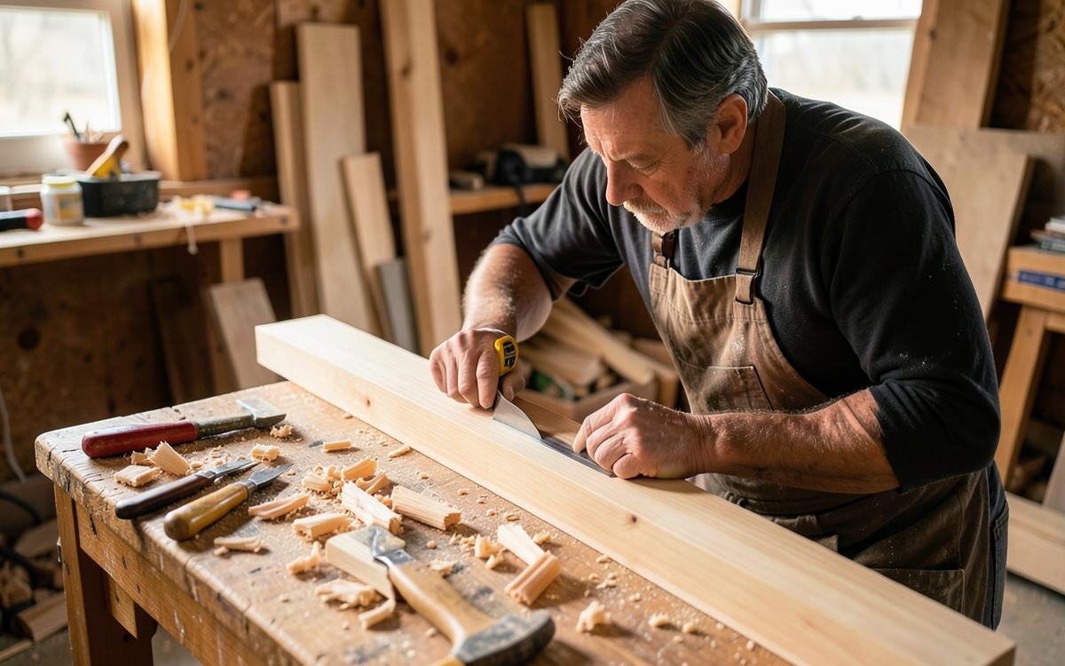 Carpenter planing timber at a workbench surrounded by hand tools in a workshop