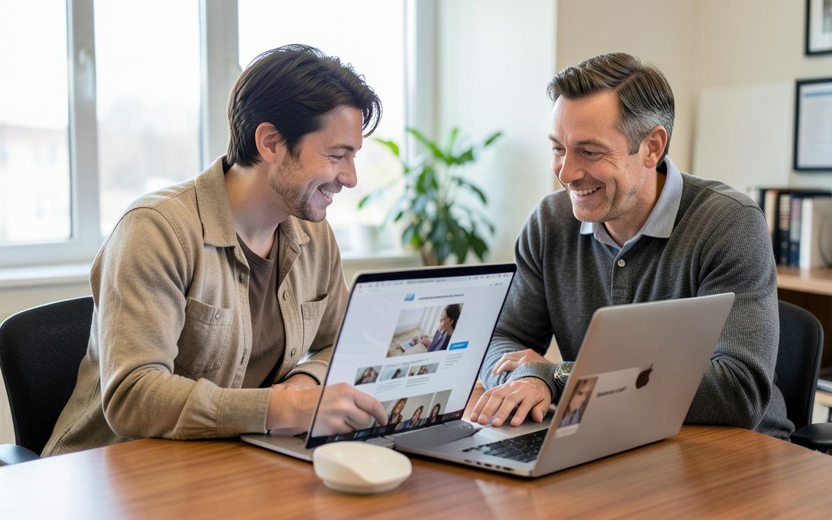 Business owner and web designer reviewing website designs together on a laptop