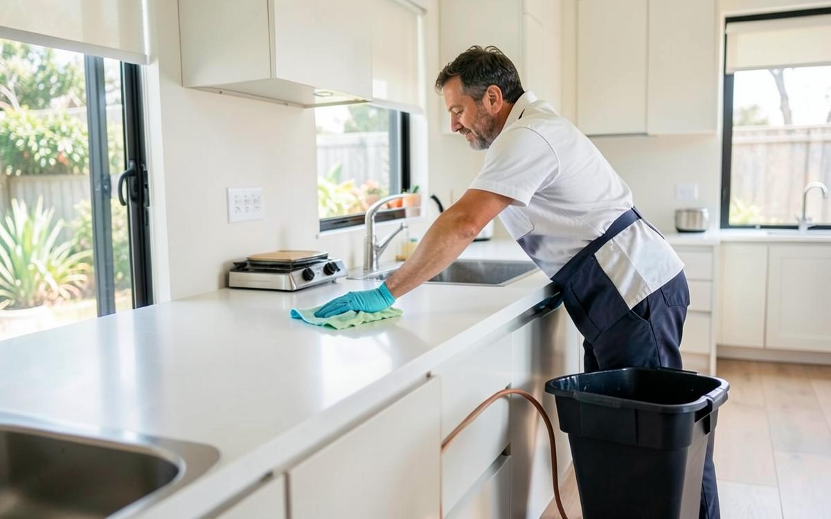 Professional cleaner wiping down a benchtop in a modern Australian kitchen