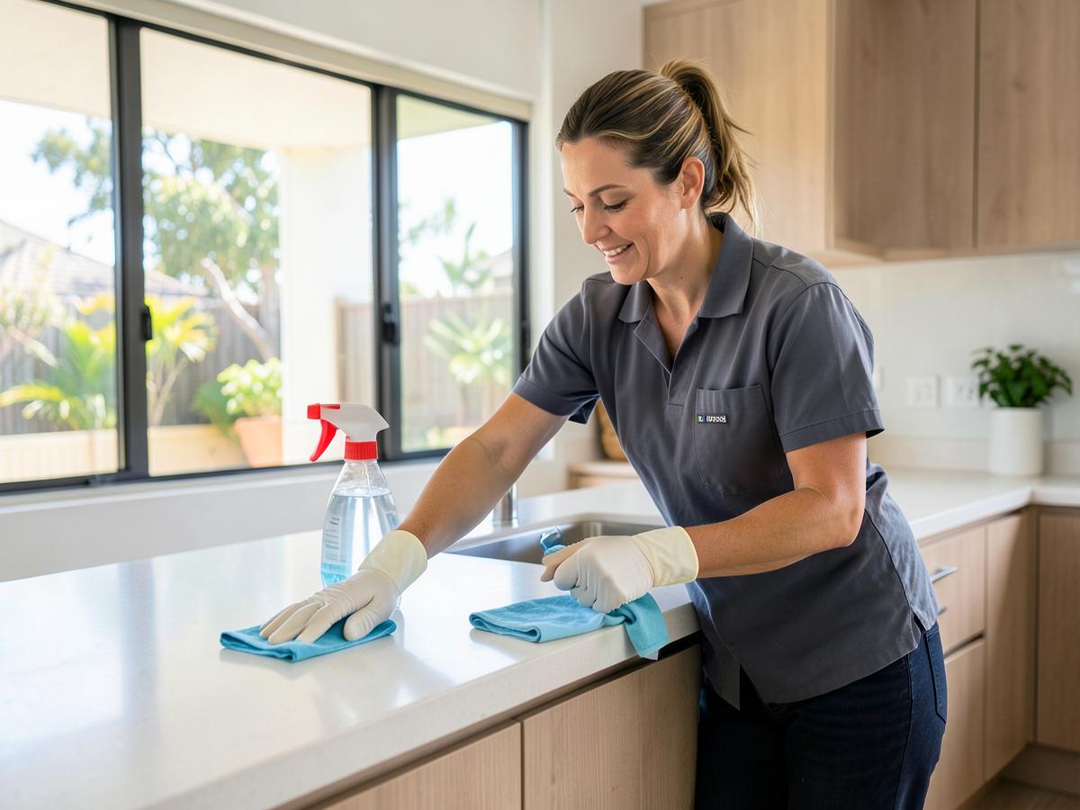 Professional cleaner wiping down a kitchen benchtop in an Australian home