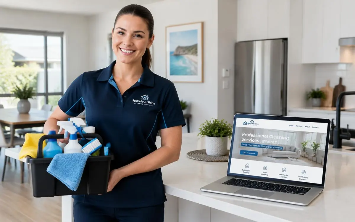 Professional cleaner beside a laptop showing a cleaning business website in a modern kitchen