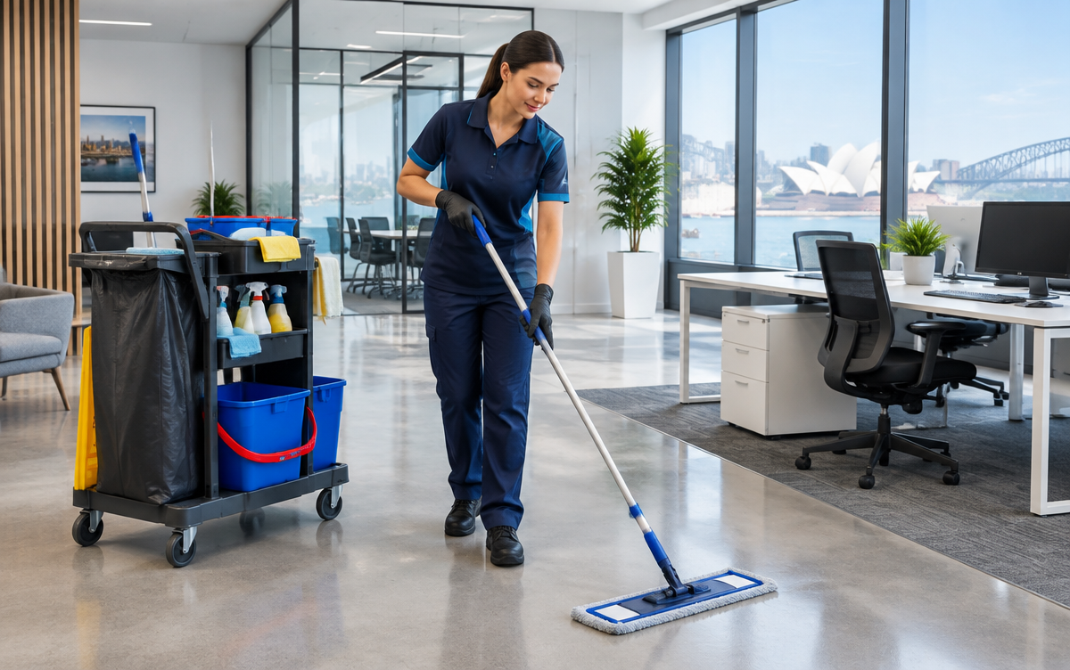 Professional commercial cleaner mopping a modern office floor with a cleaning trolley nearby