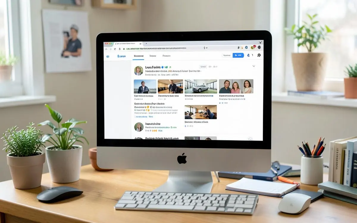 Desktop computer showing local business search results in a home office
