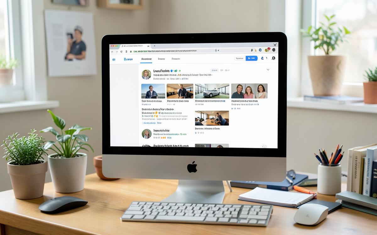 Desktop computer showing local business search results in a home office
