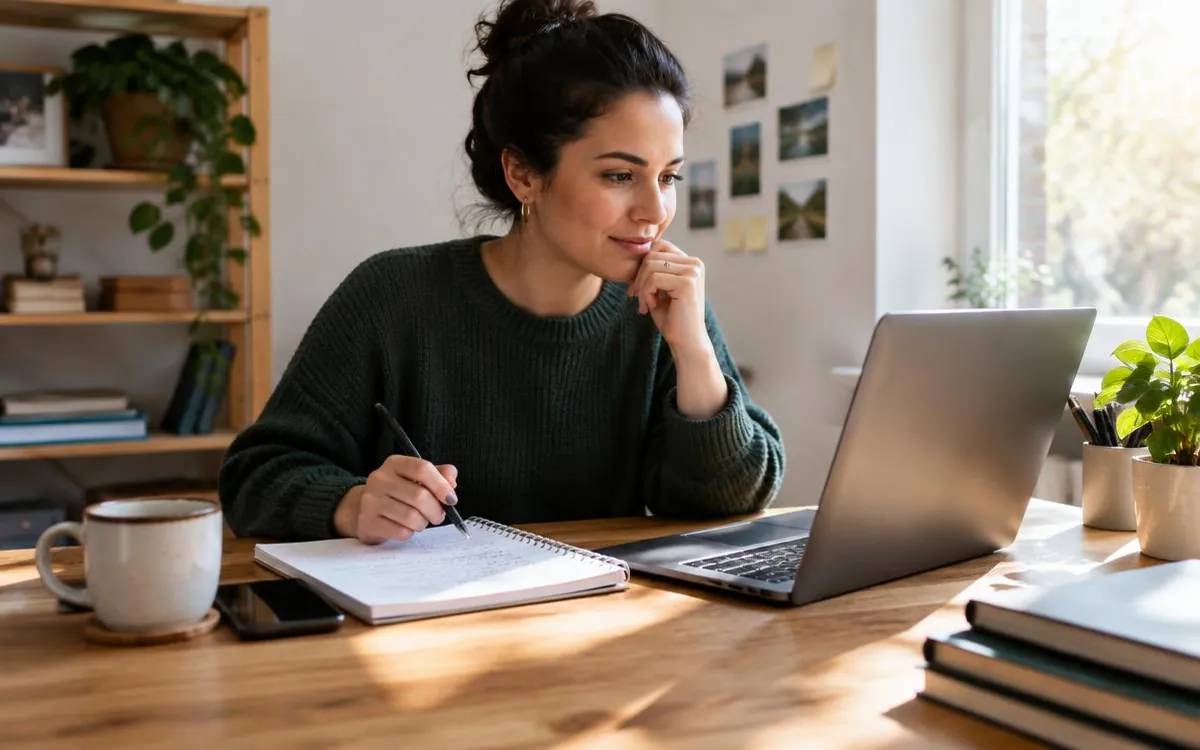 Small business owner writing down domain name options beside a laptop at a home desk