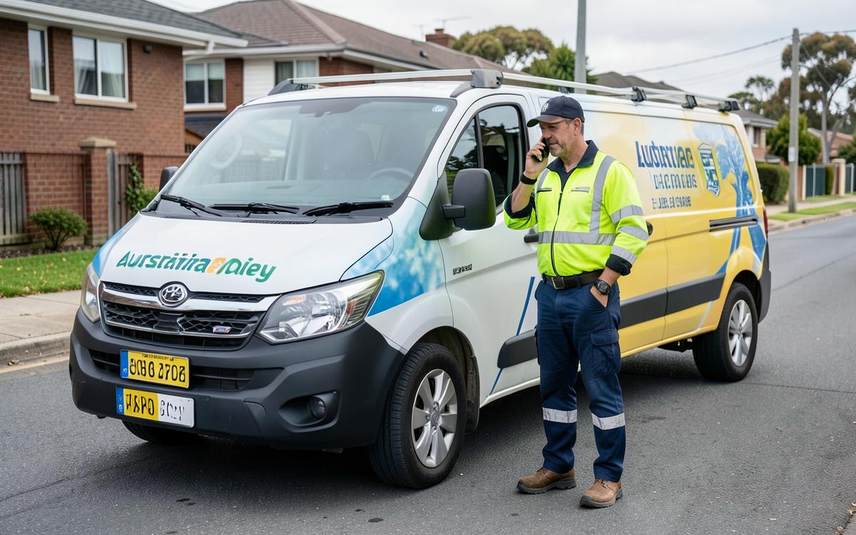 Electrician in hi-vis taking a customer enquiry call beside a work van