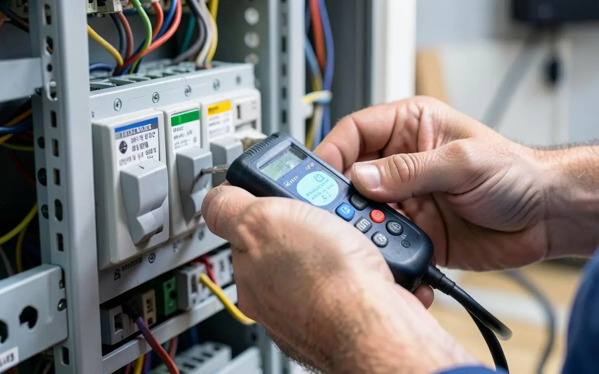 Electrician testing circuit breakers inside a switchboard with a multimeter