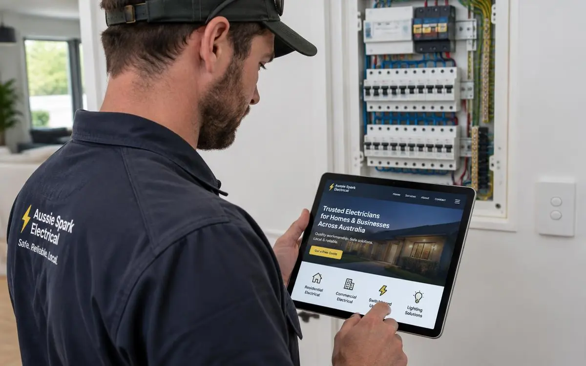 Electrician viewing an electrical business website on a tablet beside a residential switchboard