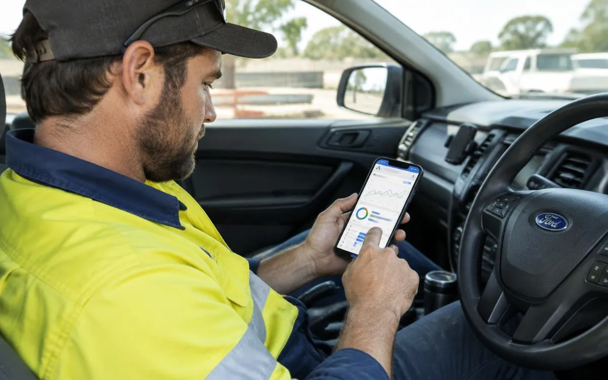 Australian tradie in hi-vis reviewing Google Ads performance on a phone in his ute
