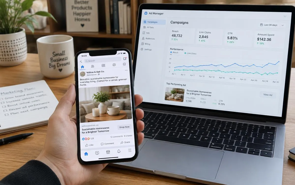 A phone showing a social media business ad beside a laptop showing an advertising campaign dashboard