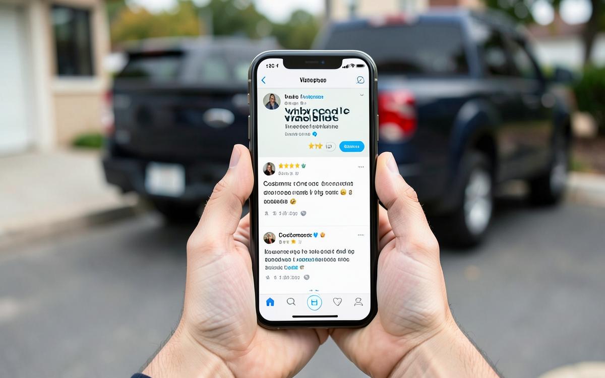 Phone showing five star customer reviews for a local trade business