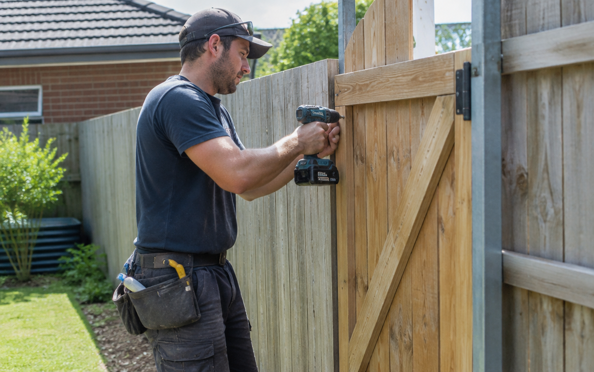 Australian handyman repairing a timber fence gate with a cordless drill
