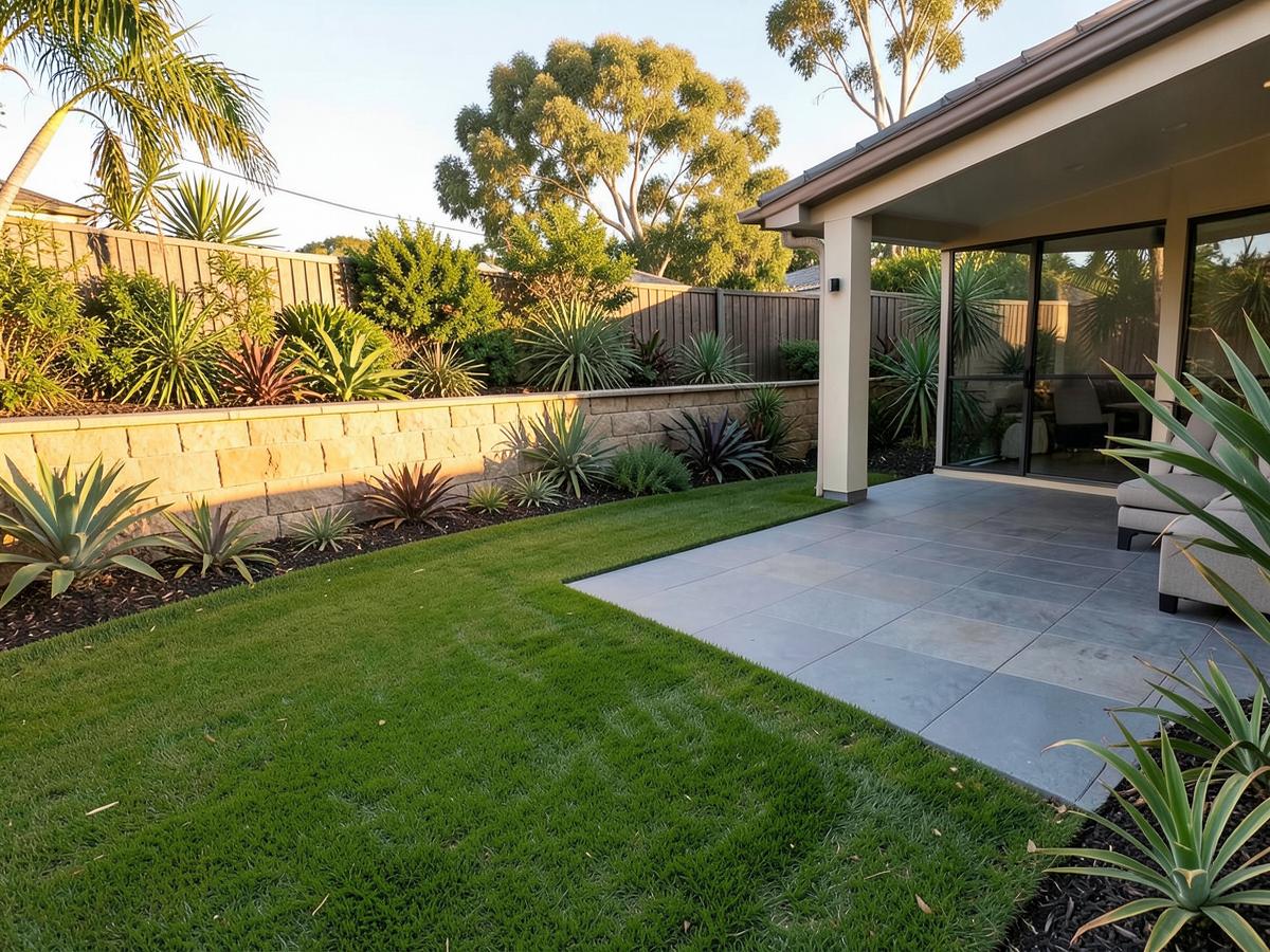 Finished Australian landscaping project with a retaining wall, fresh turf and a paved outdoor living area