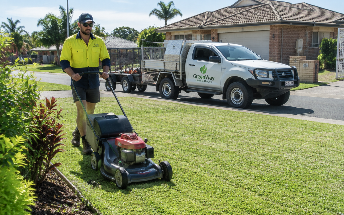Australian lawn mowing contractor mowing a suburban front lawn with a work ute and trailer behind