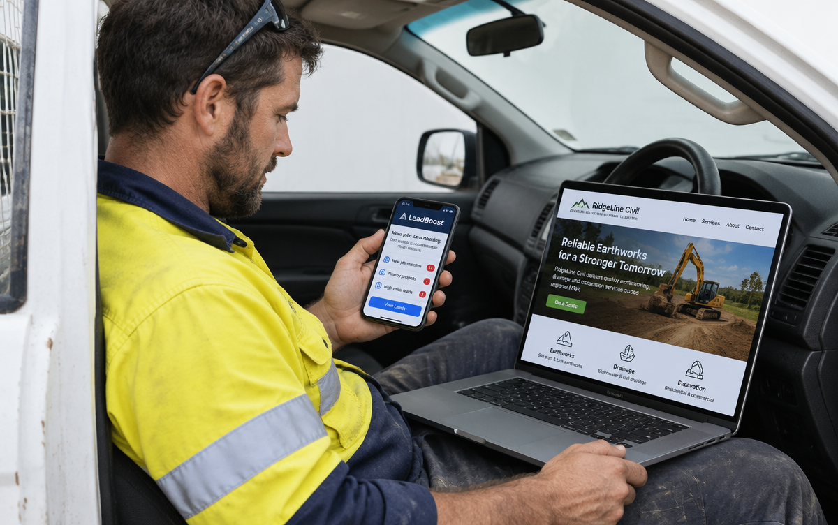 Tradesperson comparing a lead generation app on a phone with their own business website on a laptop