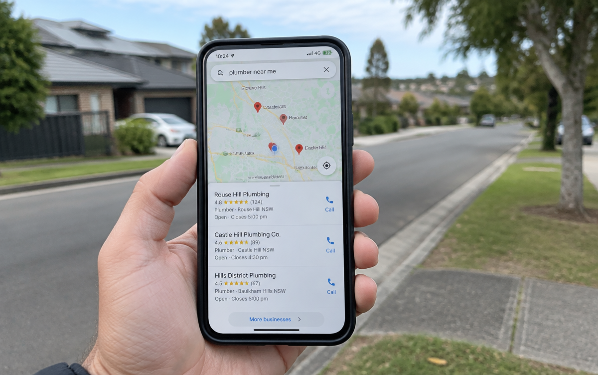 Phone showing local map search results for a nearby trade business on a suburban street