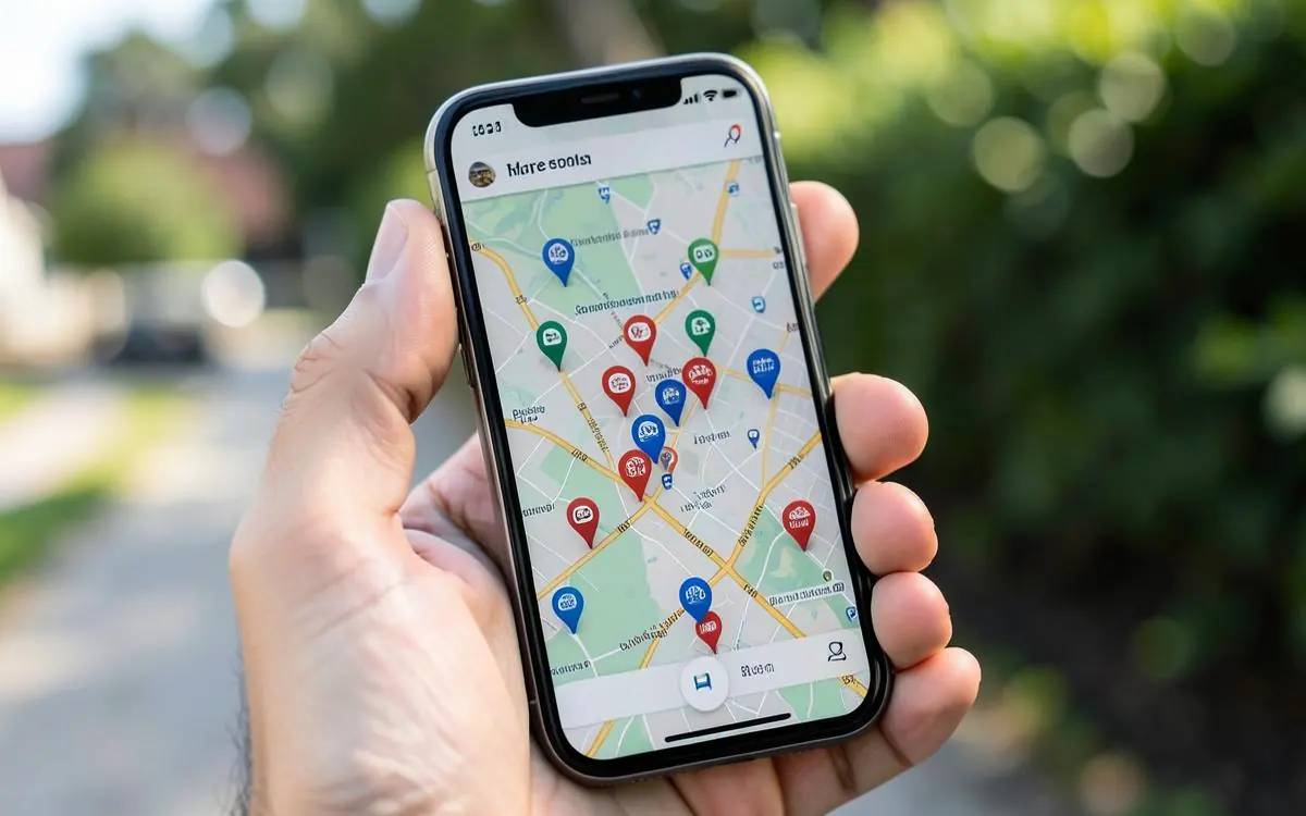 Smartphone map showing local trade business location pins across nearby suburbs
