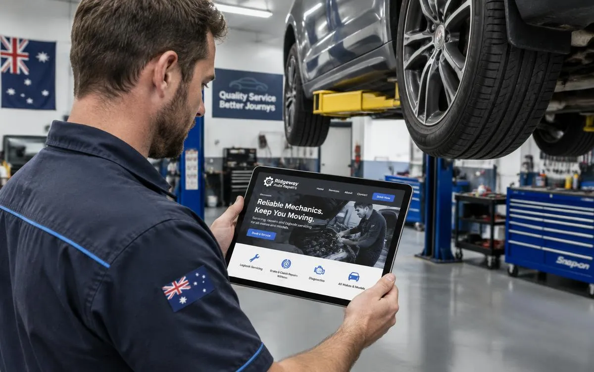 Australian mechanic in his workshop viewing the workshop website on a tablet beside a car on a hoist