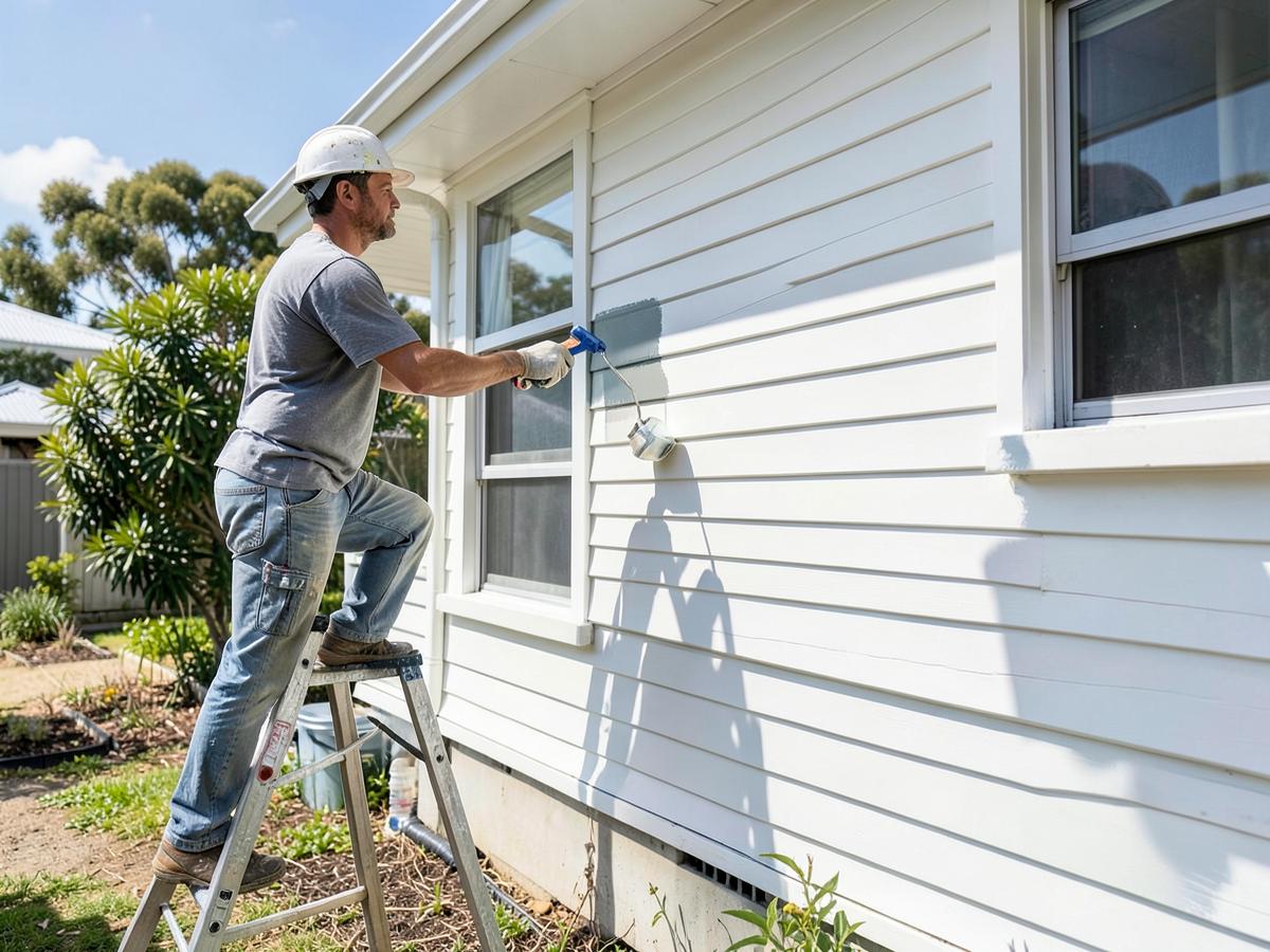 Painter rolling fresh paint onto the weatherboard exterior of an Australian house
