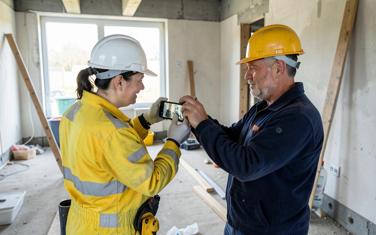 Tradesperson photographing a finished job on a phone for their website gallery