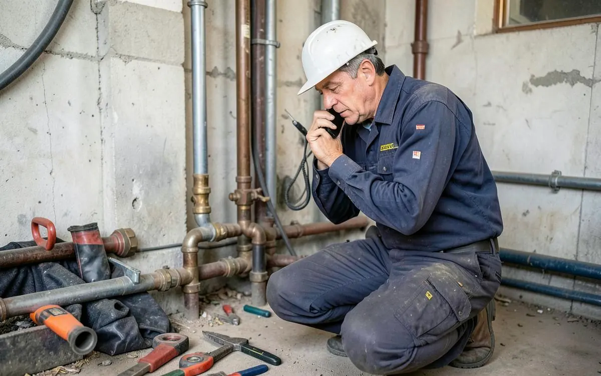 Plumber answering a customer phone call beside pipework and tools
