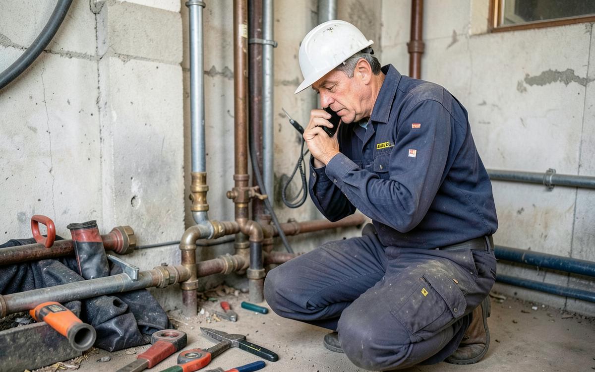 Plumber answering a customer phone call beside pipework and tools