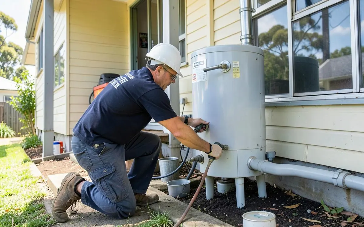 Plumber servicing an external hot water system at an Australian home