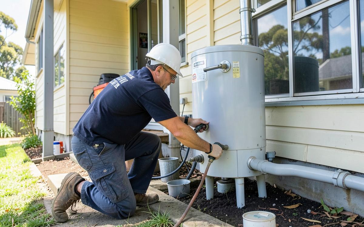 Plumber servicing an external hot water system at an Australian home