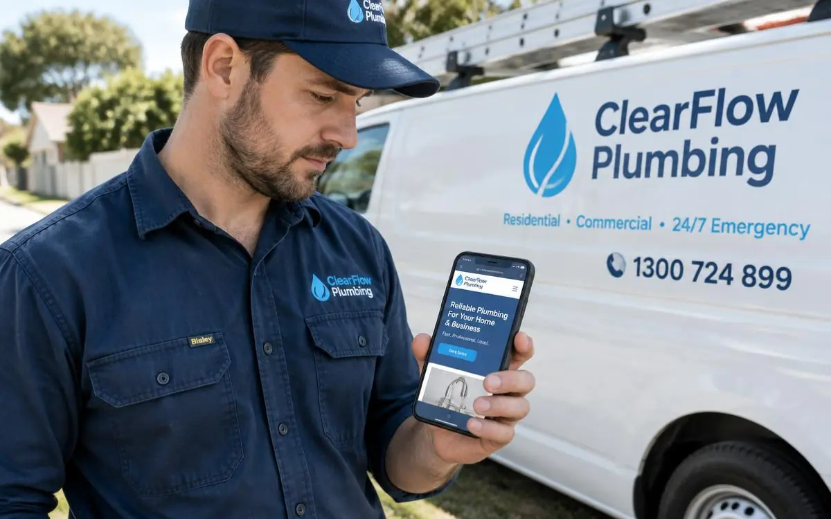 Australian plumber checking his plumbing business website on a phone beside a work van