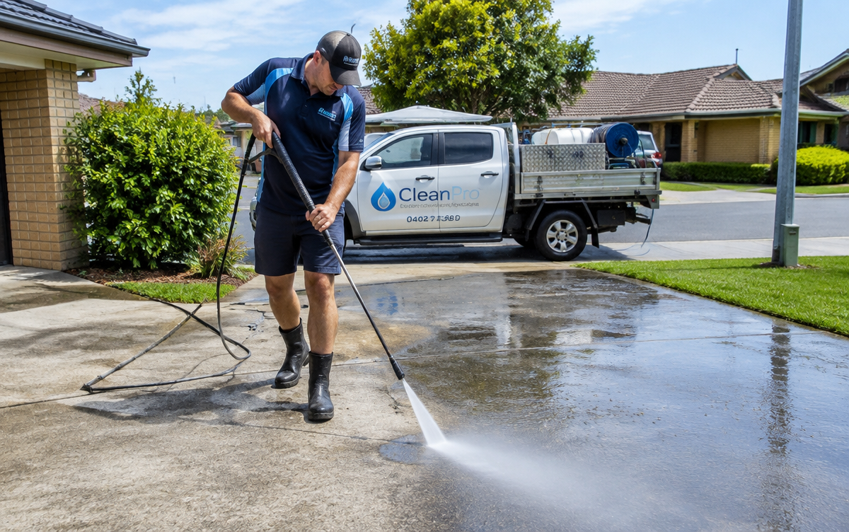 Worker pressure washing a concrete driveway at an Australian suburban home