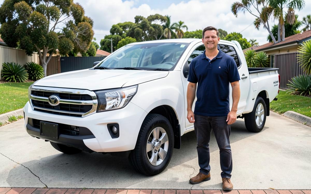Smartly presented Australian tradesperson standing beside a clean work ute