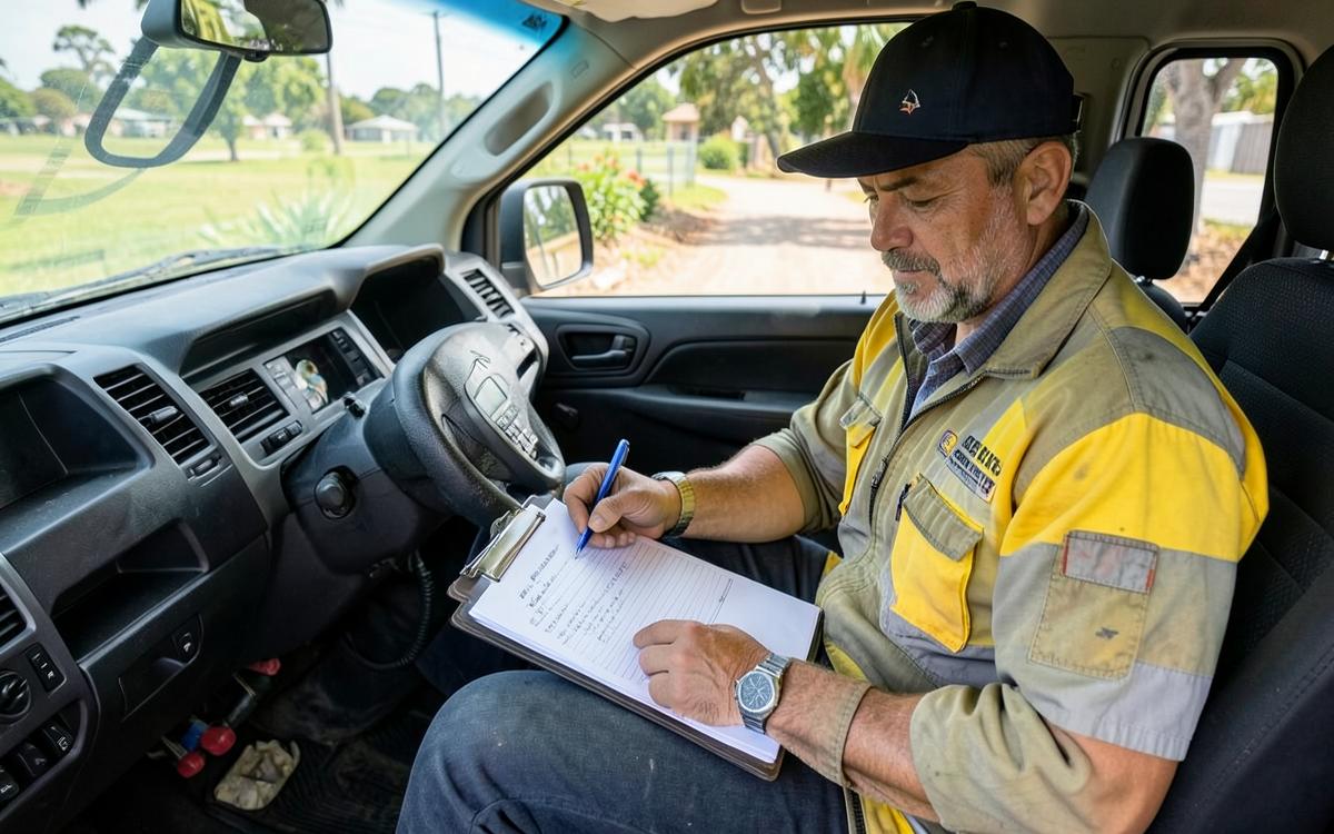 Tradesperson writing up a customer quote on a clipboard in a work ute