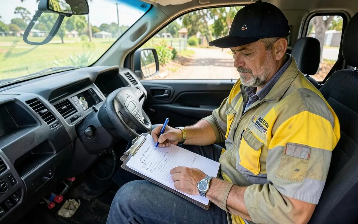 Tradesperson writing up a customer quote on a clipboard in a work ute