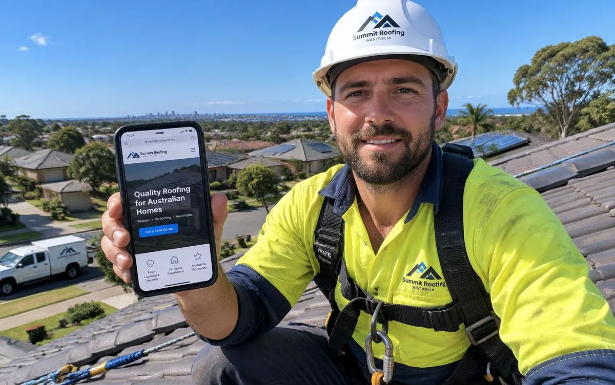 Australian roofer in safety gear on a tile roof showing his roofing company website on a phone