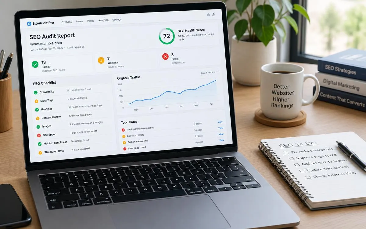 Laptop showing a website SEO audit report with a checklist, health score and traffic chart