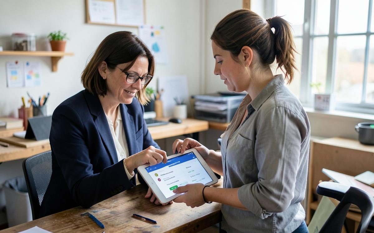 Small business owner reviewing search rankings on a tablet in a workshop office