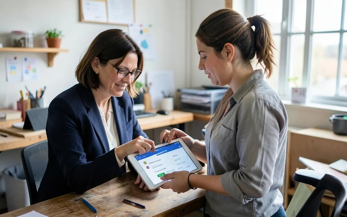 Small business owner reviewing search rankings on a tablet in a workshop office