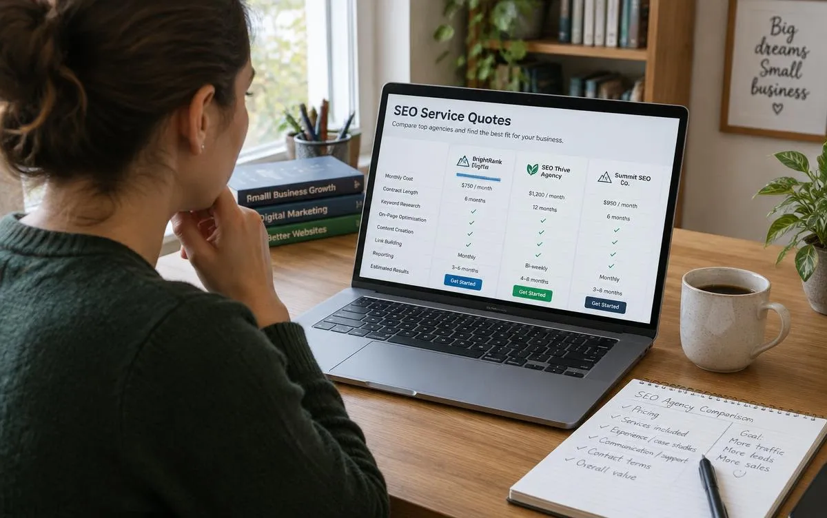 Small business owner at a desk comparing SEO service quotes from different agencies on a laptop
