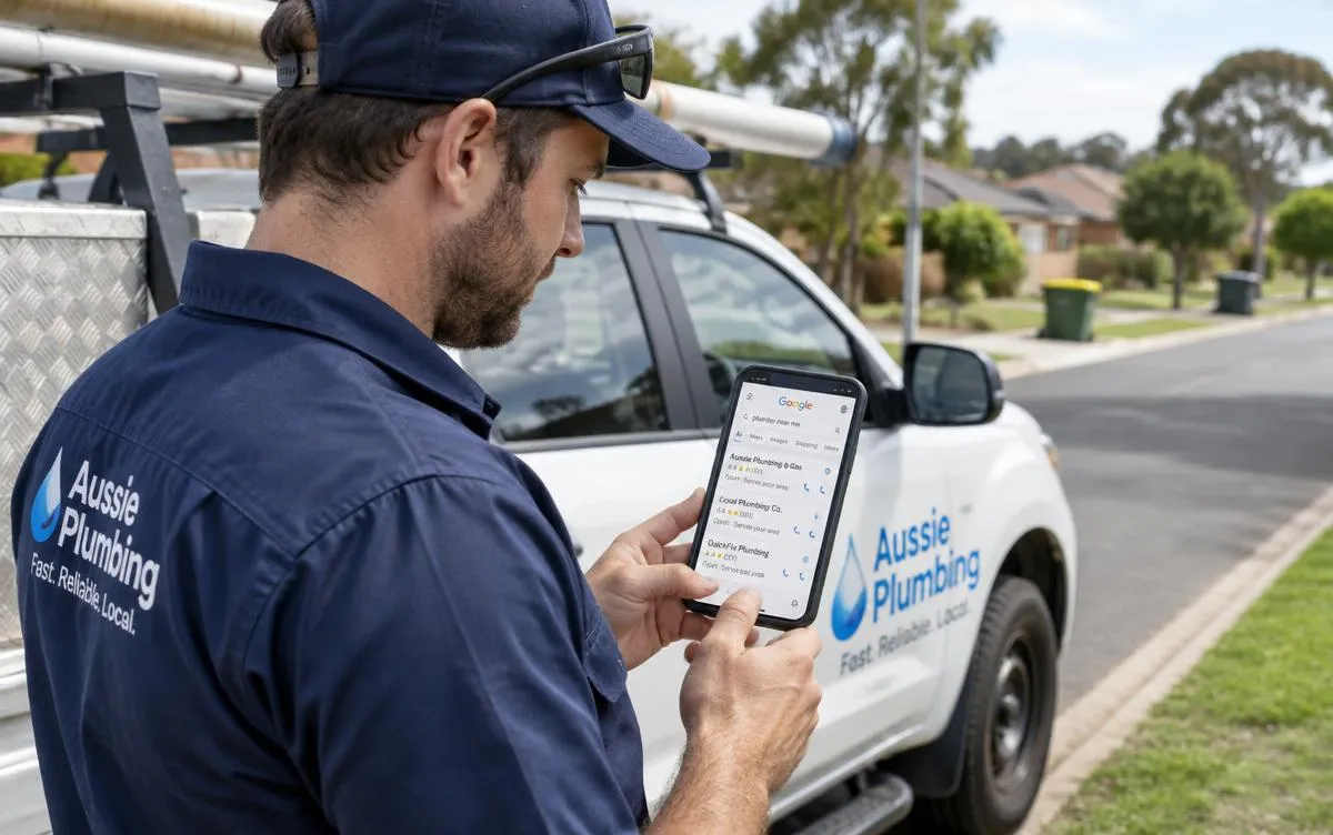 Australian plumber beside his work ute checking local plumbing search results on a smartphone