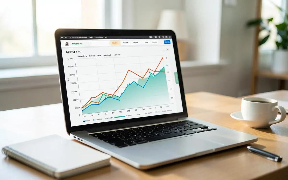 Laptop showing website traffic growing month over month in an analytics chart