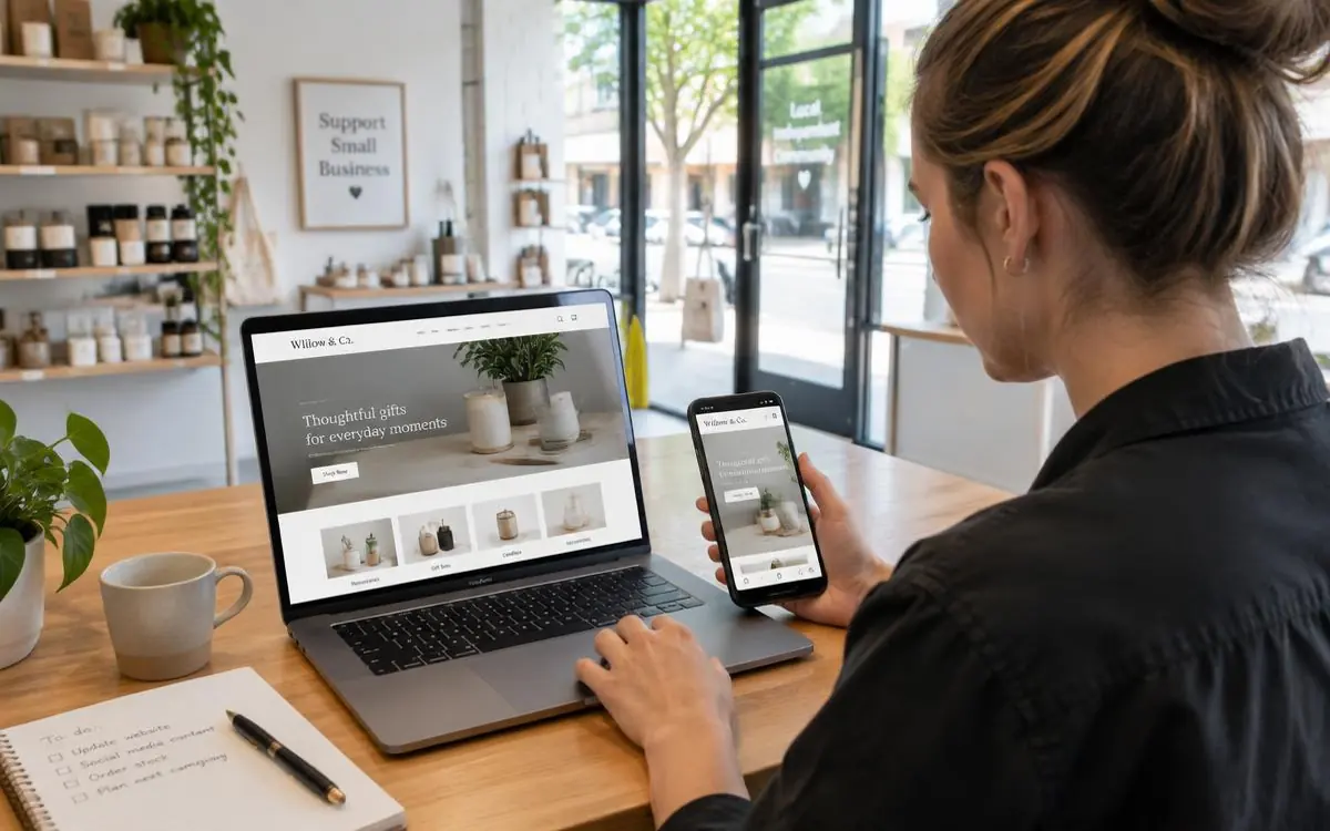 Small business owner viewing her website on a laptop and phone inside her shopfront