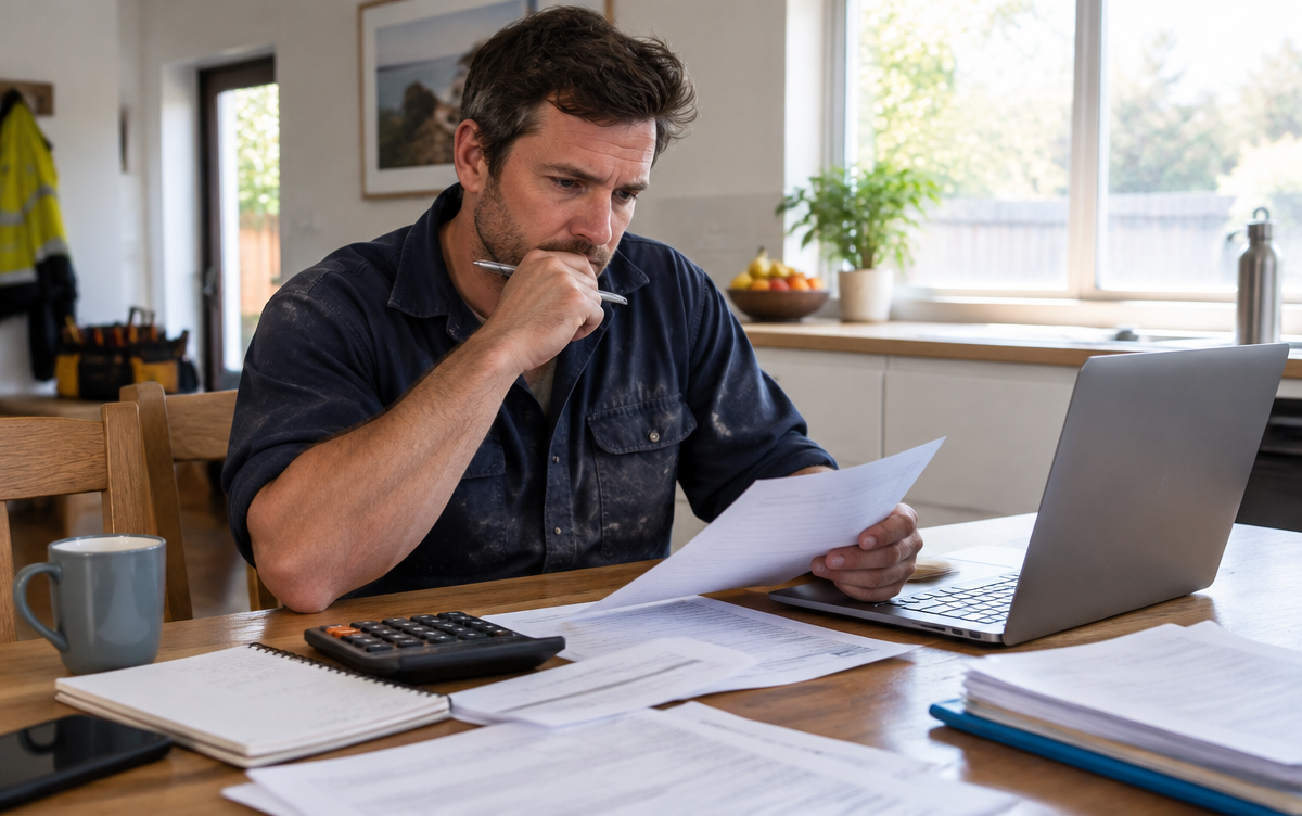 Australian tradesperson at a kitchen table weighing up business structures with paperwork and a laptop