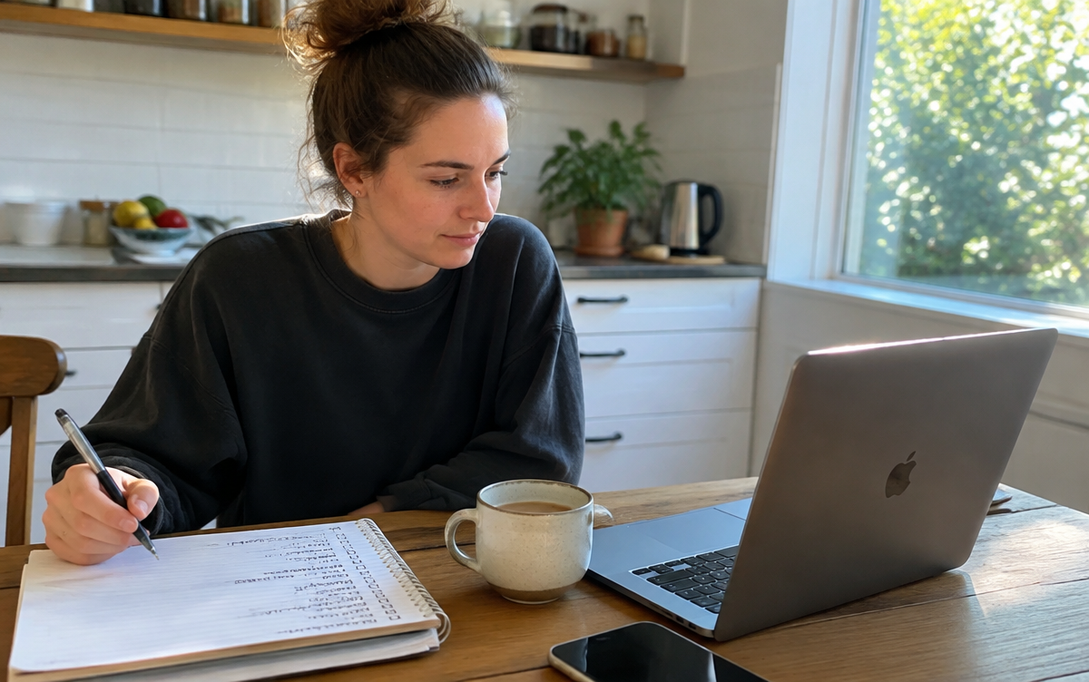 Person planning a new small business at a kitchen table with a laptop and handwritten checklist